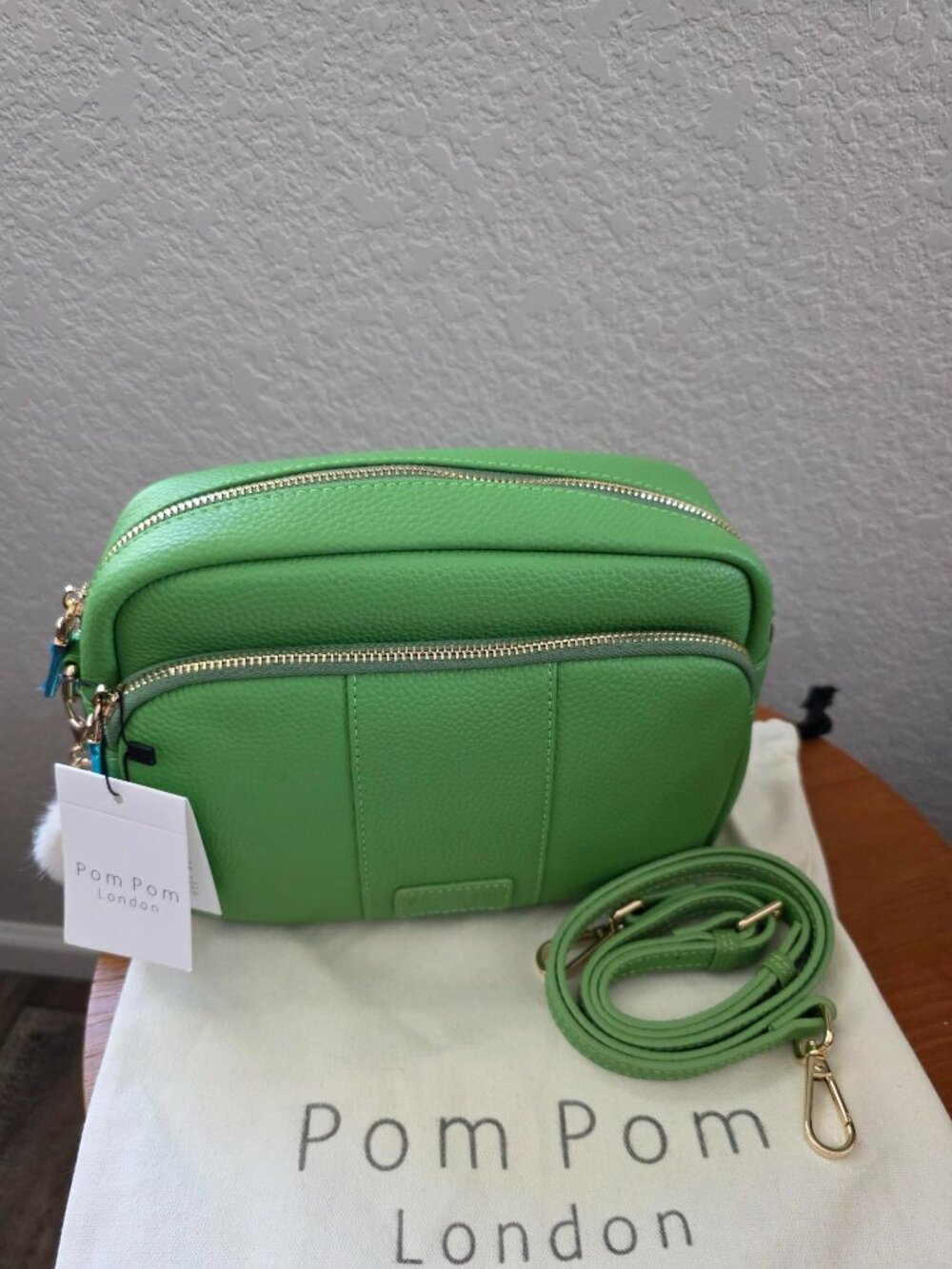 Pom Pom London Original Plus Bag NWT Green Leather Crossbody + 3 Straps & Keyrin - Picture 2 of 13
